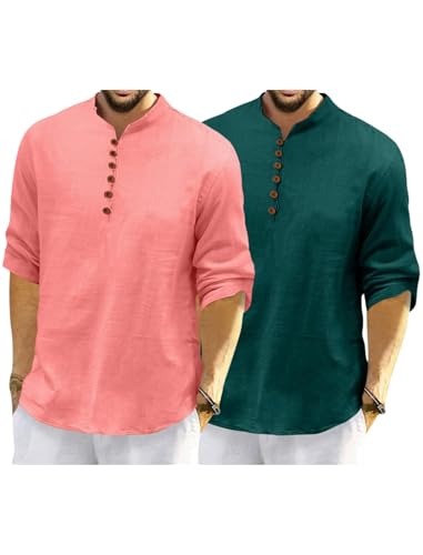Image of Macsivo Men's Cotton Blend Kurta with Solid Band Collar Full Sleeve Button Closure Regular Fit Curved Hem Length | Kurta for Man | Combo Pack of 2
