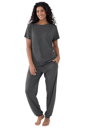 Image of Joyaria Women's Bamboo Viscose Cooling Pajamas Short Sleeve Crewneck Top & Jogger Pajama Pants with Pocket S-XXL