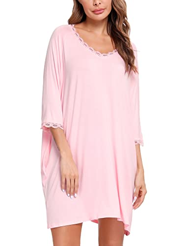 Uniexcosm-Nachthemd-Damen-Baumwolle-Nachtkleid-mit-Spitze-Trim-V-Ausschnitt-Nachtwaesche-Laessige-34-Aermel-Sleepwear-Freizeitkleid