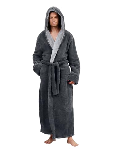 Hellomamma Mens Long Robes with Hood Full Length Hooded Bathrobe Fleece Plush Fluffy Housecoat Nightgown