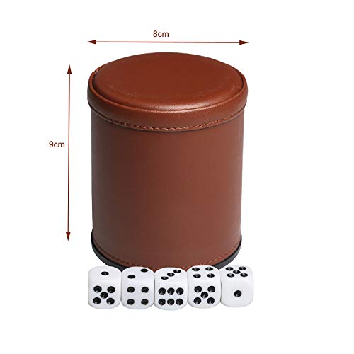 Leather Dice Cup Set Felt Lining Quiet Shaker with 5 Dot Dices for Farkle Yahtzee Games,4 Pack (Brown)