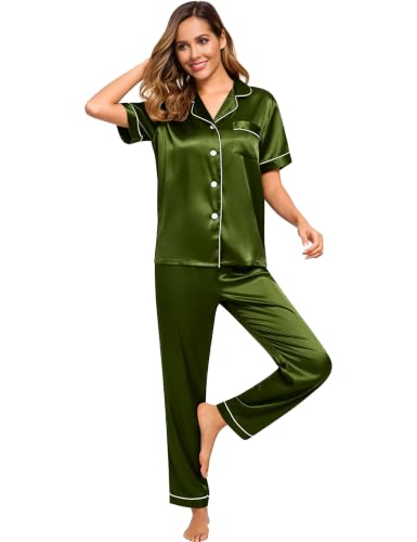 Image of SWOMOG Women Satin Pajamas Set Short Sleeve Top & Pants Sleepwear Silky Button Down Nightwear 2pcs Loungewear Pjs Set