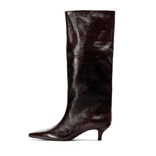 Goolita Burgundy Knee High Boots For Women, Pointed Toe Kitten Heel Wide Calf Boots Cherry Red Slip On Dress Tall Boots - Main Image