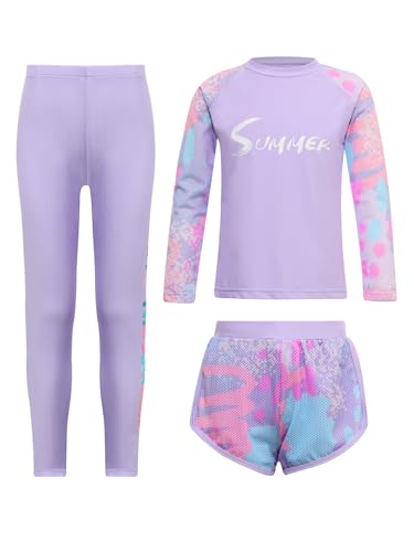 3Pcs Girls UPF 50+ Swimsuit Swimwear Anti-UV Rash Guard Set Rash Shirts and Swim Shorts Pants Set