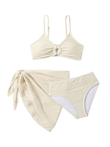Milumia Girl's Cute 3 Piece Swimsuit Textured Bikini Set with Beach Cover Up Skirt Bathing Suit