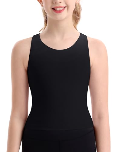 DOCUMO Girls Tank Tops Double Lined Racerback Crop Tops for Kids Sleeveless Workout Tops for Dance, Yoga, Running, Sports - Main Image