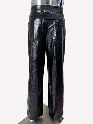Hndudnff Men Long Loose Fit Pu Leather Pants High Waist Wide Leg Trousers European Casual Pants2