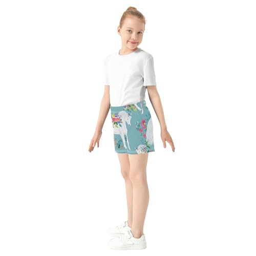 Girls Lounge Shorts White Horses Floral Turquoise Athletic Youth Kids Summer Clothes Custom Pajama Shorts, X-Small4