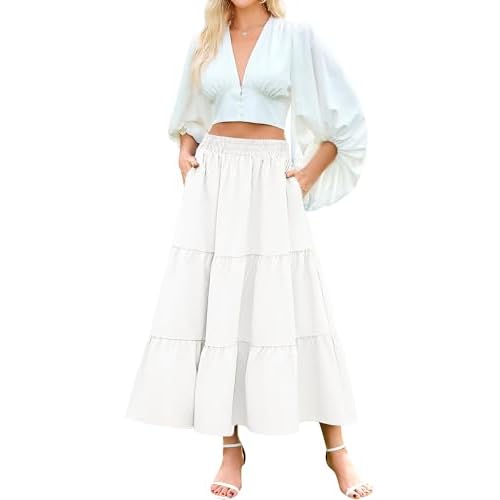 Arolina Maxi Skirt for Women Summer Boho Elastic High Waist Pleated A-Line Flowy Ruffle Swing Tiered Long Beach Skirt Dress Small White With Pockets