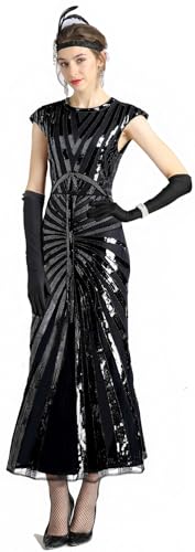 Image of Women Evening Maxi Long Dress 1920s Sequin Mermaid Hem Wedding Prom Gown Costume w / 20s Gatsby Accessories Set