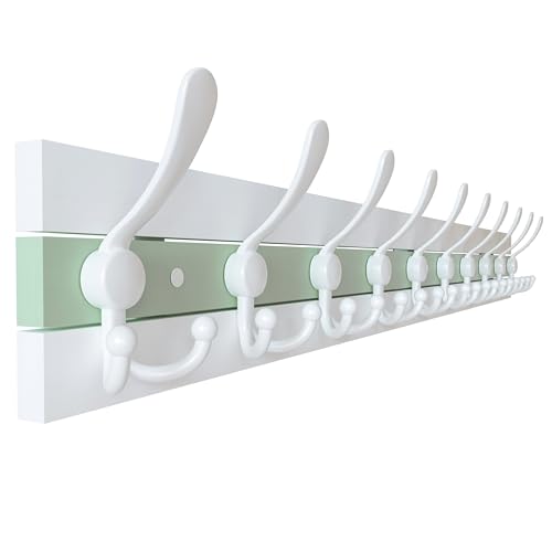 Image of SKOLOO Coastal Wall Mounted Coat Rack - 38-1 /8 inch Beach House Entryway Wooden Coat Hook with 10 Hooks for Hanging Coats, Hats or Towels, Oceanfront Cottage Core Collection, White & Green