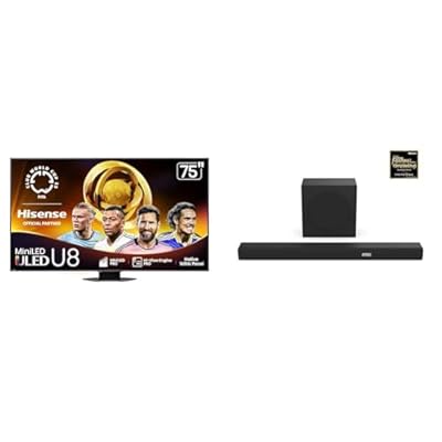 Hisense 75U8QG Mini-LED 4K UHD Smart Google TV AX3100Q 3.1Ch Sound Bar with Wireless Subwoofer