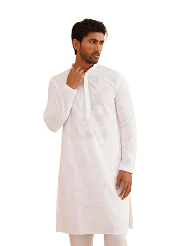 Image of Sojanya (Since 1958 Men'S Geometric Embroidered Thread Work Cotton Straight Long Kurta