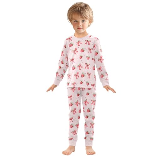 Cartoon Pajamas Set Pink Strawberries Bows Pattern Long Sleeve PJs Cotton Jammies Sleepwear Top and Pants3