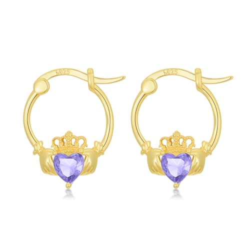 Seiyang Gold Plated Celtic Claddagh Alexandrite Birthstone Earring 925 Sterling Silver Irish Claddagh Hoop Earrings with June Birthstone Celtic Irish Lucky Jewelry Gifts for Women