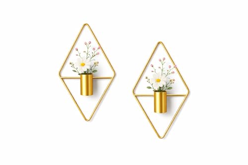Image of Wall Mounted Flower Vase, Gold Geometric Diamond Shape Metal Frame with Cylindrical Holder, Set of 2 (with Artificial Flowers)
