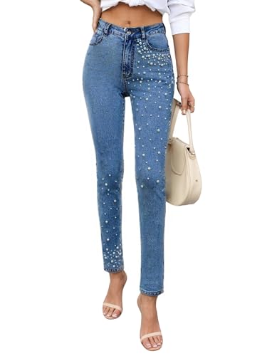 Pearls Skinny Jeans for Women High Waist Stretchy Trendy Slimming Jeggings Denim Pants