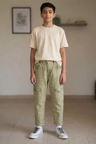 Image of Boys Cargo Pants, Kids Cargo Jeans with Pockets, Adjustable Waist, Stretch Denim Casual Pants for Boys