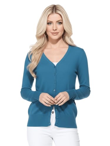 Image of YEMAK Women's Knit Cardigan Sweater - Long Sleeve V-Neck Basic Classic Casual Button Down Knitted Soft Lightweight Top