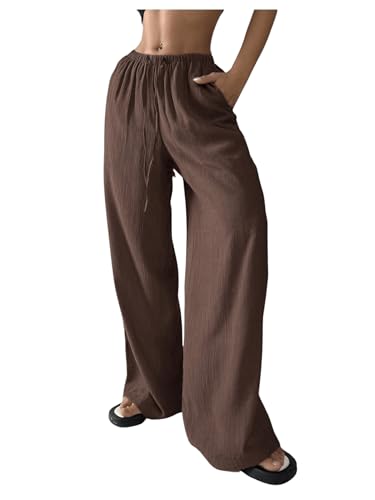 SHENHE Women's Drawstring Tie Front Straight Leg Pants Wide Leg Elastic Waist Pants
