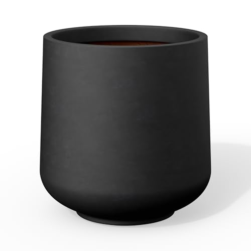 Image of Kante Small Round Curved Black Concrete Planter 9.4 inch Dia, Outdoor | Rubber Plug for Indoor, Drainage for Garden, All-Weather Cement Flower Pot, Handcrafted, Anti-Frost & UV, Modern Home Decor