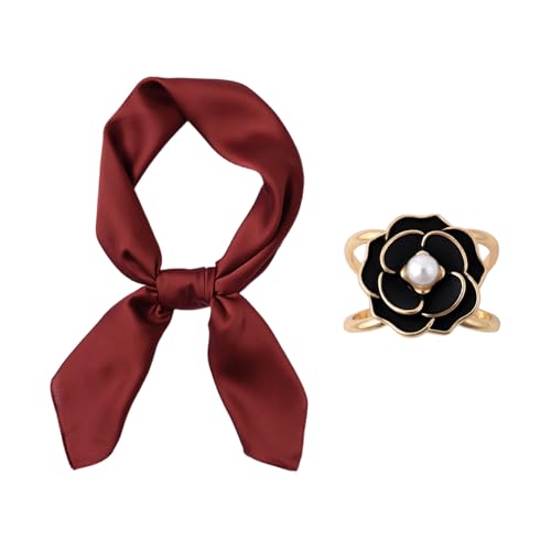 1 Bufanda De Seda Burdeos Y 1 Hebilla De Bufanda De Seda, Elee Forma De Flor, Decoración De Cuello Femenino, Adecuada Para Uso Diario Y Combinación.