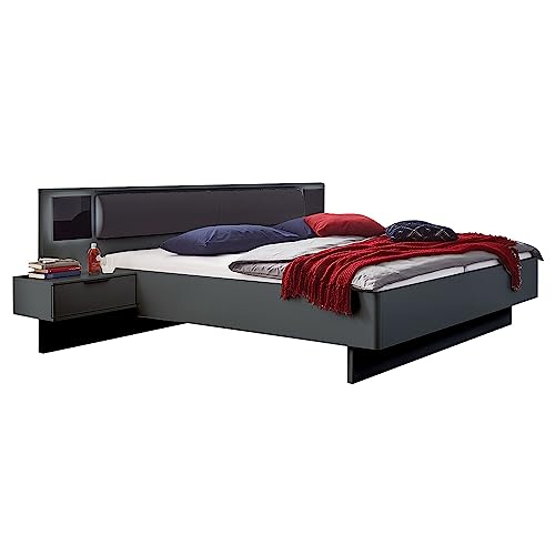 Lomadox Schlafzimmer Set mit Schubkastenkommode, 2-türigem Kleiderschrank mit Schwebetüren, Bett 160x200cm inkl. mit Nachtkommoden mit LED, Schlafzimmermöbel in Graphit mit schwarz – Bild 7