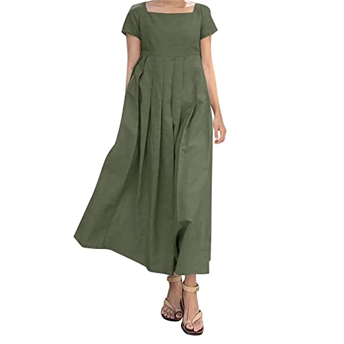 Robe d'été coton lin manches courtes vêtement fluide uni femme