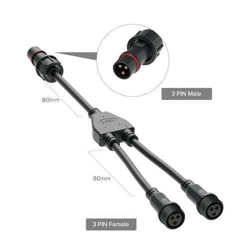 BTF-LIGHTING 3 Core 3Pin Big Size IP65 Y Shape 1 Male Divided 2 Female Splitter Connector Black Plastics 0.75mm²/18AWG 22mm Nut 1 PCS by BTF-LIGHTING - Image 2