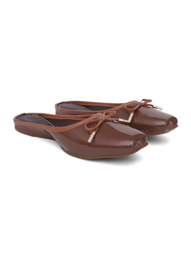Image of TRYME Elegant Women's Glossy Patent Slip-On Mules with Bow Detail | Comfortable Flat Sandals for Office, Casual & Daily Wear