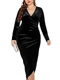 TINSTREE Womens Plus Size Long Sleeve Velvet Bodycon Dresses Sexy Ruched Wrap Deep V Neck Party Cocktail Dress Black