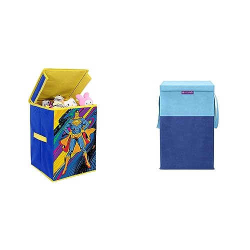 Image of Superman Rectangular Foldable Laundry Toy Organizer & Storage Box with Top Lid (Large, Blue) & PrettyKrafts Folding Laundry Basket for Clothes with Lid & Handle, Toys Organizer, 35 Liters, Blue
