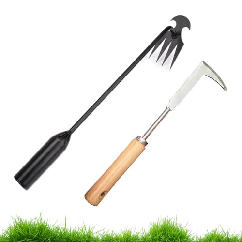 PJIAQP 2 Pack Weed Puller Tool, Including a 4-Teeth Uprooting Weeding Tool and an L-Shaped Crack...