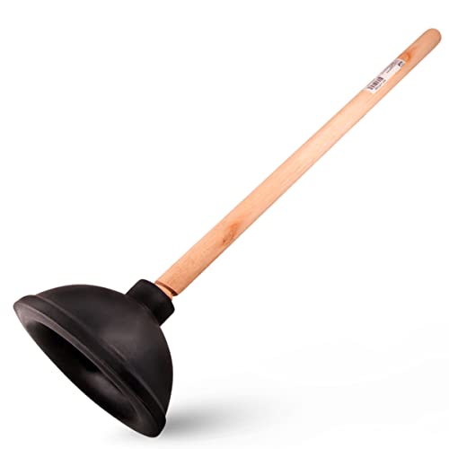 Heavy Duty Toilet Plunger for Bathroom - Strong Suction Force Cup Rubber with 18 in. Wooden Handle to Fix Clogged Toilets and Drains