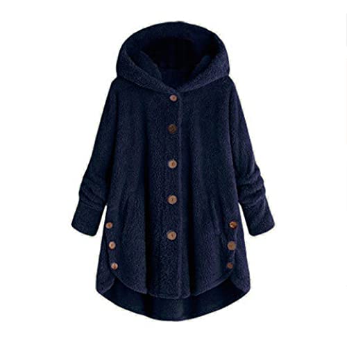OutTop Fuzzy Sweatshirt Hoodies for Women Cat Print Side Button Fall Winter Long Sleeve Warm Fleece Tunic Tops w Pocket (Navy, XL)