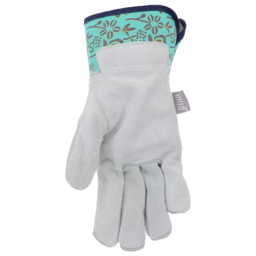Mud Classic Split Leather Cowhide Palm And Knuckle Strap Work Gloves, Teal Floral Pattern, Cotton Backing, Tear Resistant, Safety Cuff, Blue, Medium/Large (Md71002Tf-Wml) #TOP3