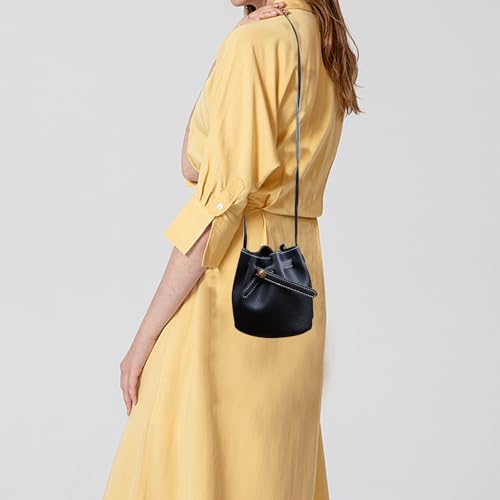 Image of Ladies Bucket Bags,Small Bucket Purses Leather Crossbody Purse Adjustable Shoulder Strap Shrinking Bucket Bag