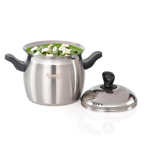 Image of Sumeet ISI Certified Stainless Steel Cook & Serve Pineapple Shape Handi /Cooking Pot with Steel Lid |Induction and Gas Compatible | Capacity - 3000ml -Dia - 18cm, Silver