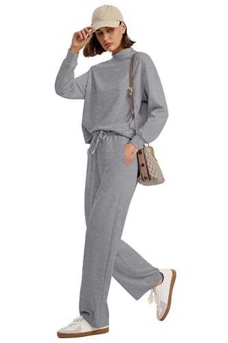 Image of WIHOLL Two Piece Sets for Women Fall Outfits Lounge Sets Mock Neck Tops Wide Leg Pants Vacation Travel Airport Outfits