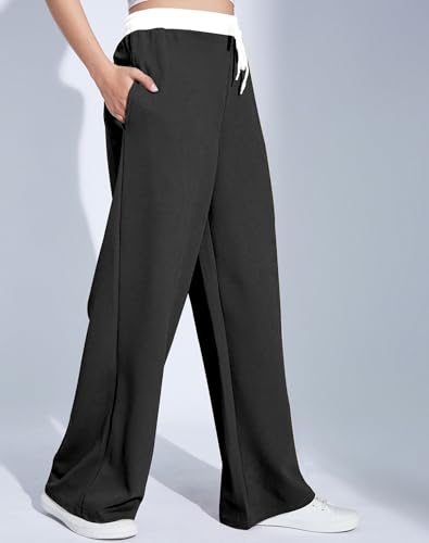 Image of Mehrang Wide Leg Drawstring Pants, with Contrast Waist Band || Casual Lounge Wear Side with Pockets, High Waisted, Relaxed Fit Trouser for Women
