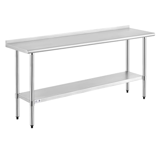 Image of ROCKPOINT Stainless Steel Table for Prep & Work with Backsplash 18x72 Inches, NSF Metal Commercial Kitchen Heavy Duty Table with Adjustable Under Shelf and Table Foot for Restaurant, Home and Hotel