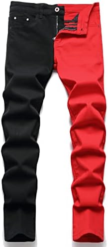 RXXKKK Men's Patchwork Contrast Color Regular Fit Flex Jean (32, 7272 Black Red Flex)