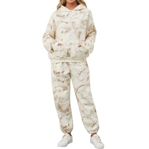 Camo Sweatsuits Sweat Sets for Women 2 Piece Maple Leaf Print Camo Hoodie Pants Womens Camouflage Lounge Sets Outfits