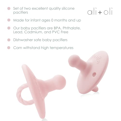 Image of Ali+Oli Pacifier for Baby (2-pk) Set Daisy Flower Scallop (Blush-Pink) Concaved Shield Newborn Pacifiers, BPA-Free Silicone Baby Pacifier Set, Baby Binkies, Chupones para Bebes