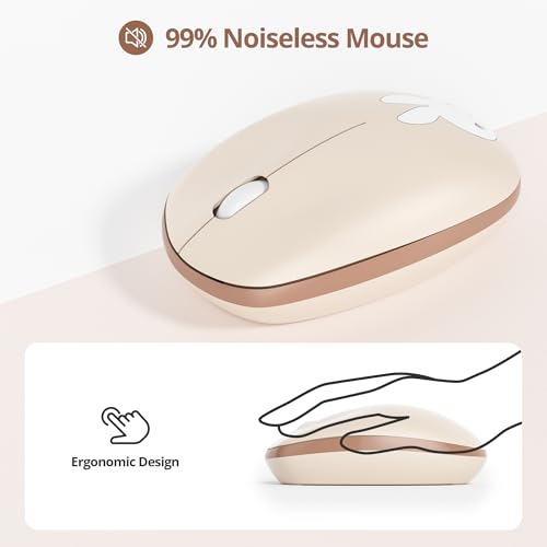 Image of Owpkeenthy Cute Beige Keyboard and Mouse Wireless, Colorful Keyboard Retro Typewriter Style Full-Sized with Number Pad Round Keys for Desktop, Laptop and Computerr (Bunny Beige)