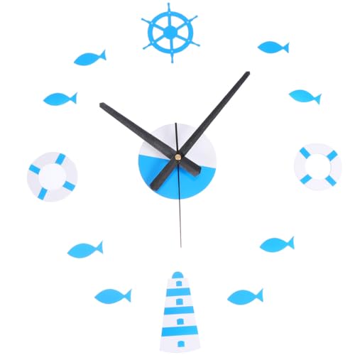 Garneck Orologio da Parete Mare con Pesce Faro Timone Salvagente Orologio Fai da Te Decorazione da Parete Mediterranea per Camera da Letto Soggiorno Ufficio Senza Batteria