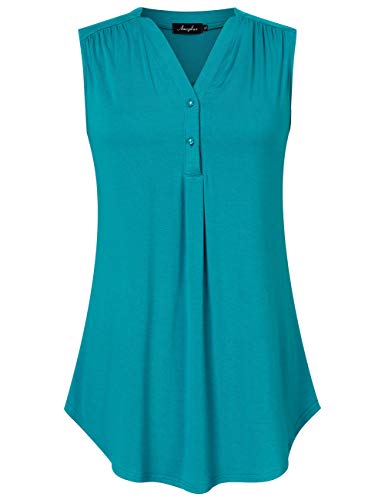 AMZ PLUS Women's Plus Size Loose Blouse Stretch Sleeveless Henley Shirts V Neck Casual Tunic Tank Tops Solid Color Lt Blue XL