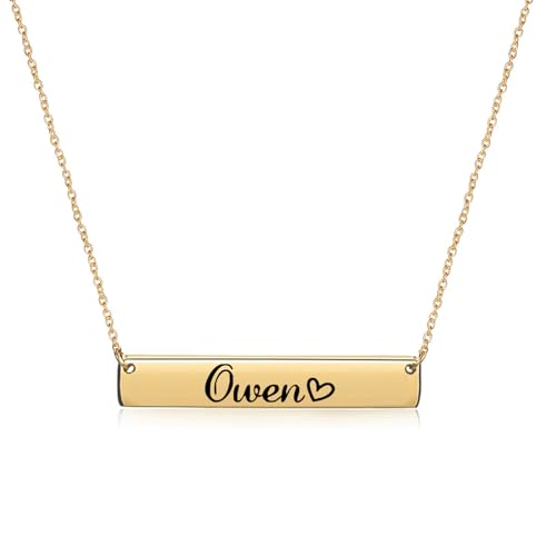 Aoloshow Personalized Custom Engraved Owen Name Bar Necklace Horizontal Bar Necklaces 18k Gold Plated Stainless Steel Jewelry for Womens Adjustable Chain