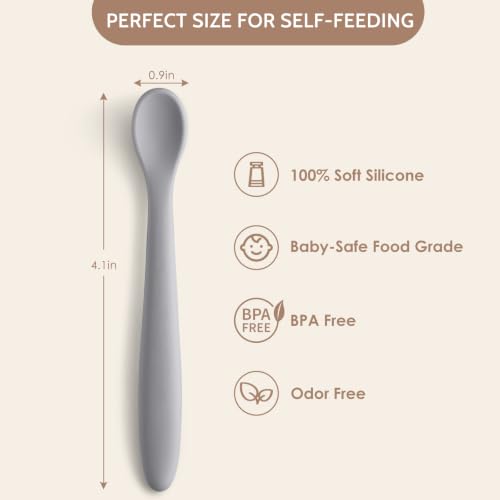 Image of 6 Piece Silicone Baby Feeding Spoons, First Stage Infant Soft-Tip Easy on Gums, Utensils Supplies, Training Spoon Self-feeding, Dishwasher & Boil-proof - Morandi