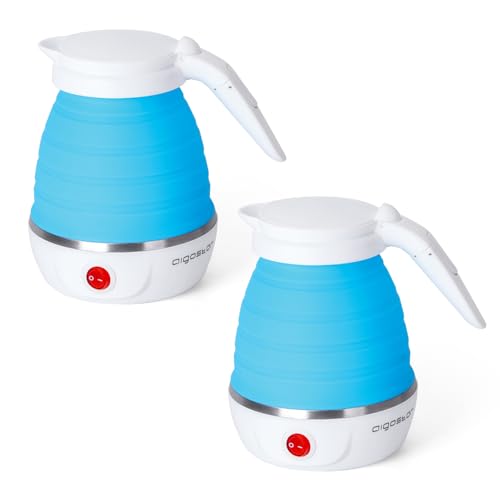 Aigostar Sapphire 2 Pack - Hervidor Agua Electrico Pequeño Plegable de Viaje 600 ml, Calentador de Agua Portatil, Mango de Tacto Frío, Apagado Automático & Calefacción Automática, Libre de BPA, 1000W